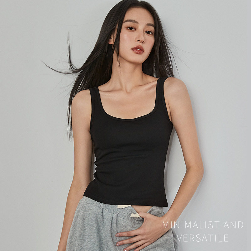 不透垫纯棉背心带胸垫女内搭方领纯色修身U型美背吊带小背心批发图片