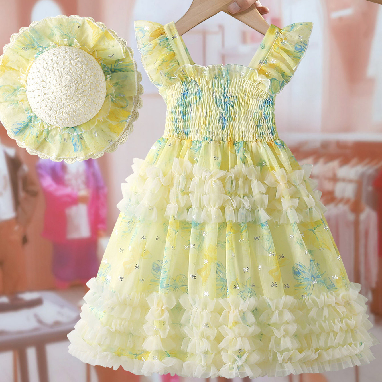 女童背心网纱连衣裙2026新款夏洋气小女孩蝴蝶花朵无袖蓬蓬公主裙