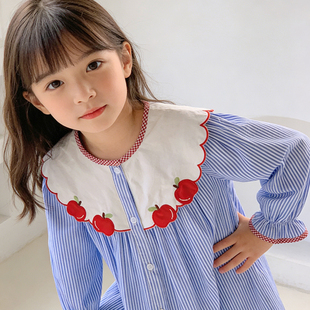 女童春夏简条连衣裙2026款女孩休闲公主百搭裙儿童薄款刺绣长袖裙