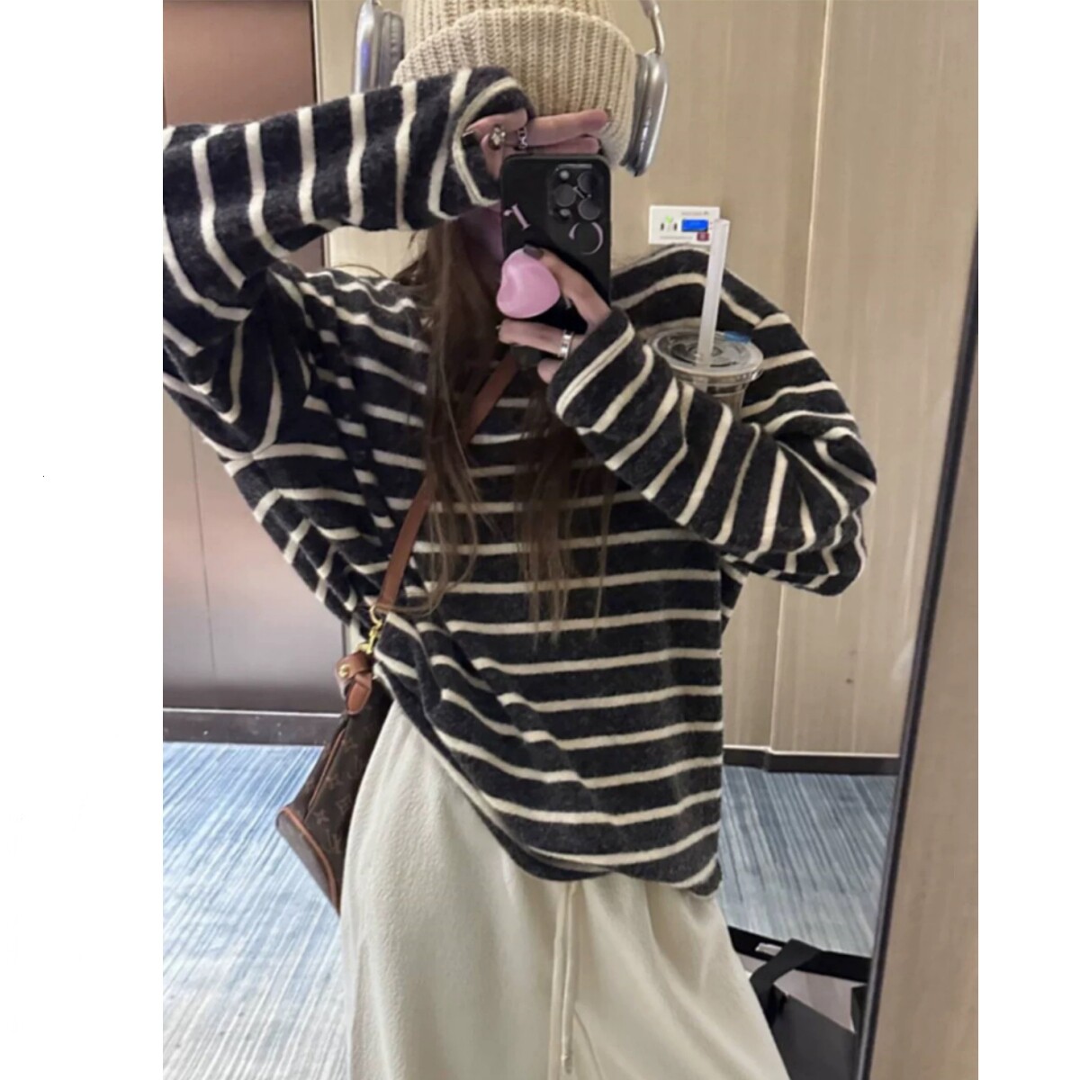 oojoey兔绒加厚慵懒宽松显瘦条纹t恤女幂式中长款亲肤内搭外穿冬