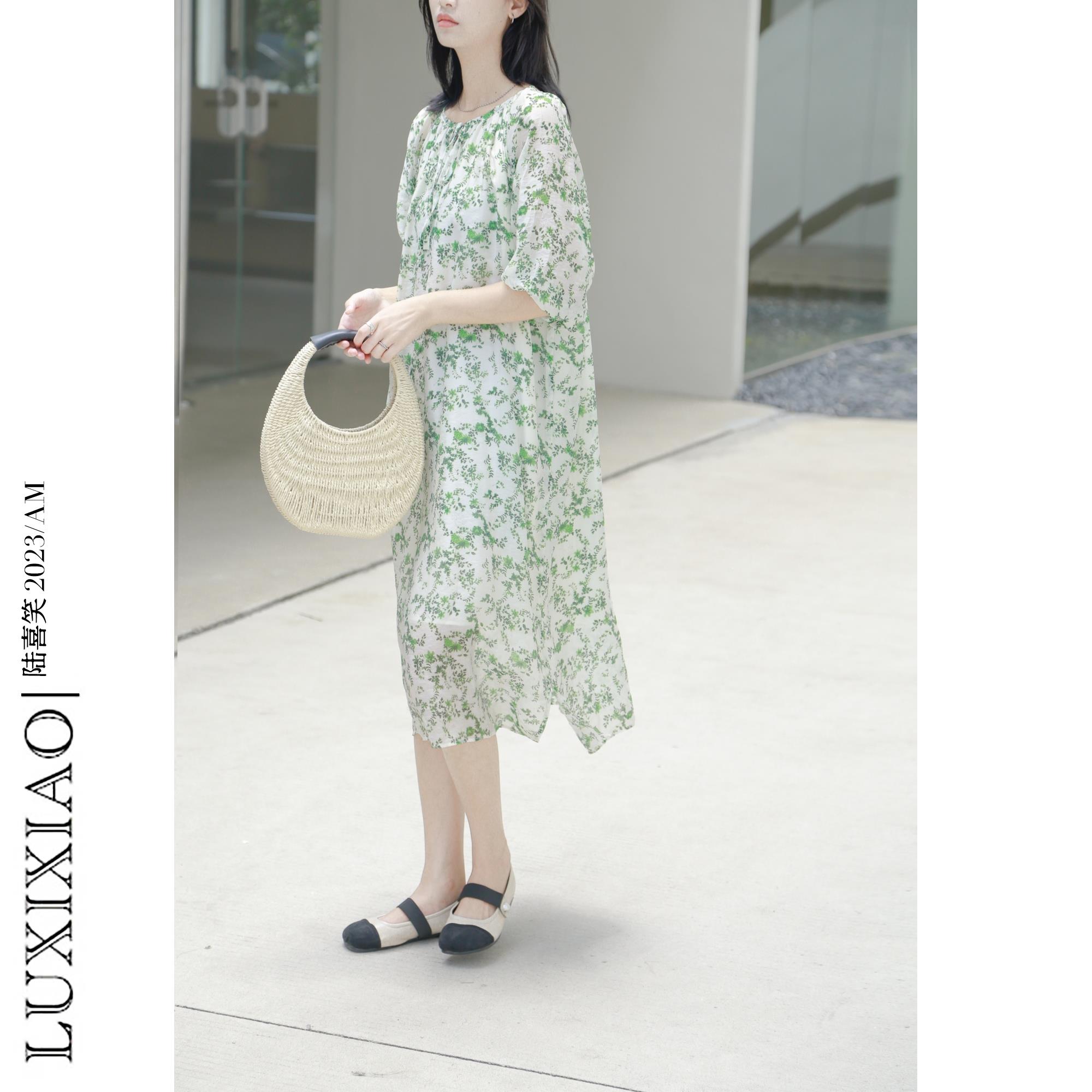 2025夏季新款圆领大码孕装设计感韩版中长款宽松碎花七分袖连衣裙