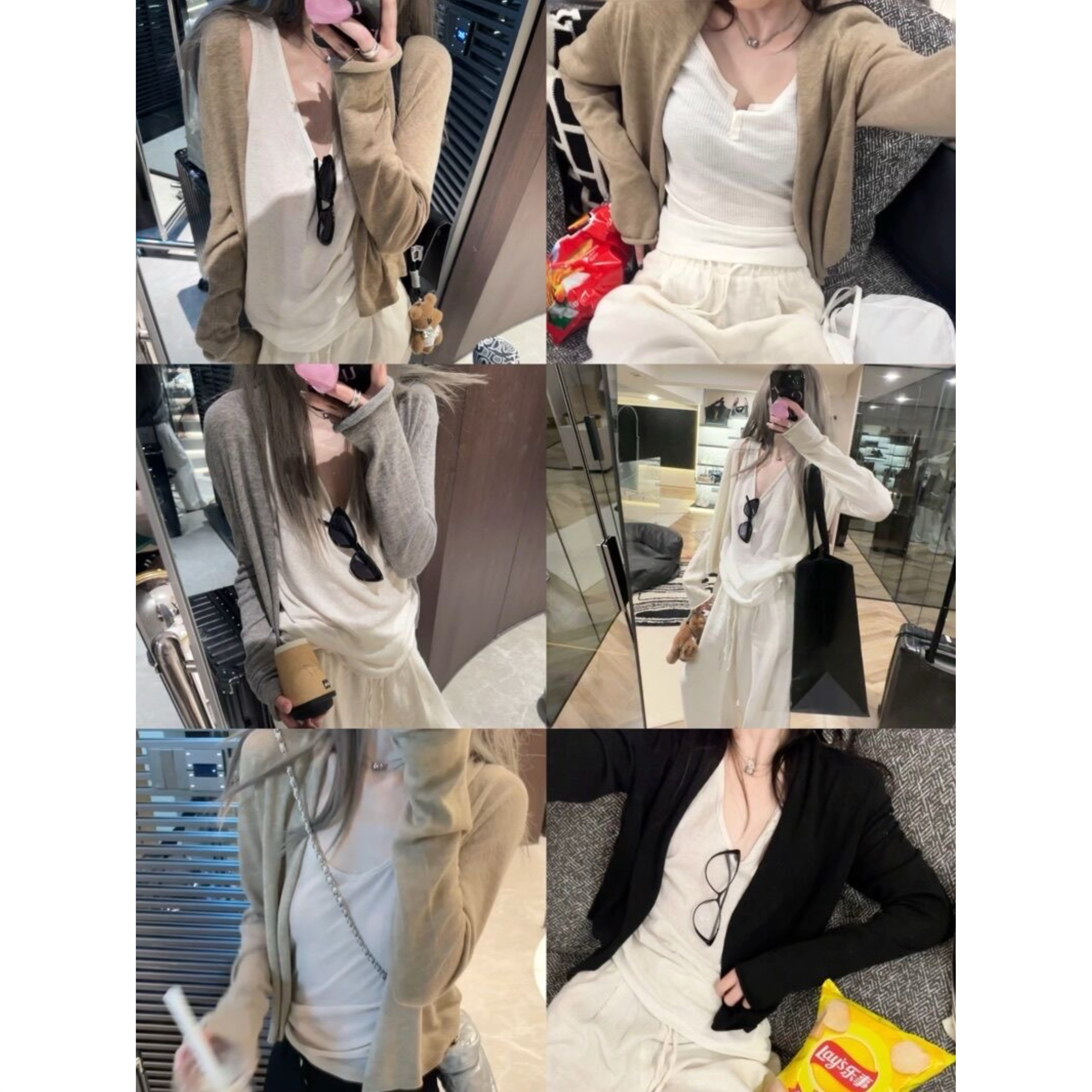 oojoey夏天丝羊毛小开衫早秋慵懒风上衣新款针织落肩防晒薄外套女