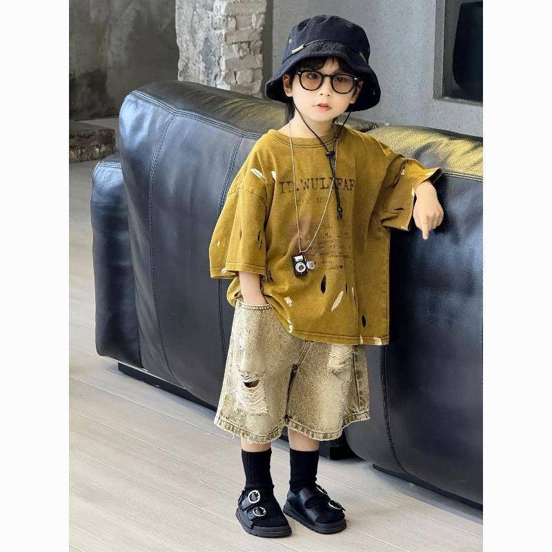 男童破洞扎染短袖T恤夏装新款破洞牛仔短裤潮童中小童帅气潮