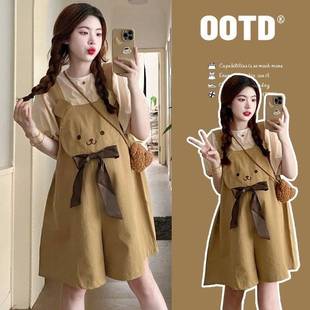 可爱孕妇装夏季新款韩版甜美小清新洋气短袖T恤外出辣妈背带裤夏