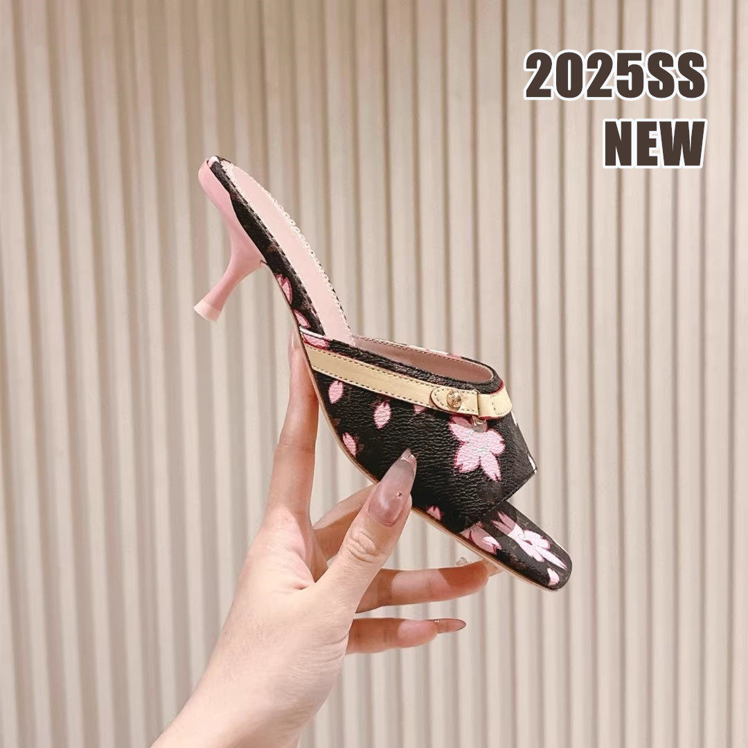 2025 Spring and Summer New arrival Pink Sakura Print Slippers Women's Kitten Heel sexy Medium Heel One-Piece Color Block Sandals