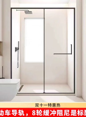 一字型推拉门浴屏白色淋浴房干湿分离卫生间浴室隔断玻璃移门推拉