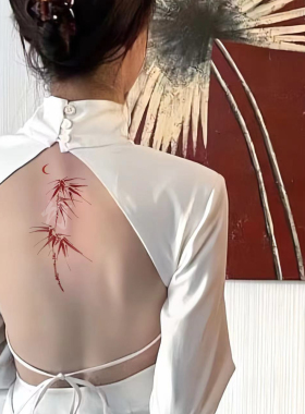 仟鲤 新中式水墨红色竹子 彩色纹身贴防水女持久手臂后背彩绘贴纸