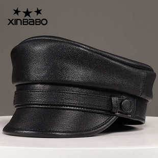 船长帽男真皮帽子单帽中年机车大檐牛皮平顶帽春秋50岁大叔德式帽