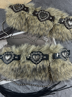 朋克千禧风毛毛皮带女配裙子装饰毛衣连衣裙时尚y2k辣妹腰带配饰