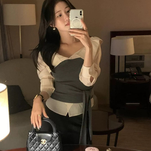 26年早春韩系衬衫拼接绑带上衣衬衫雪纺衫