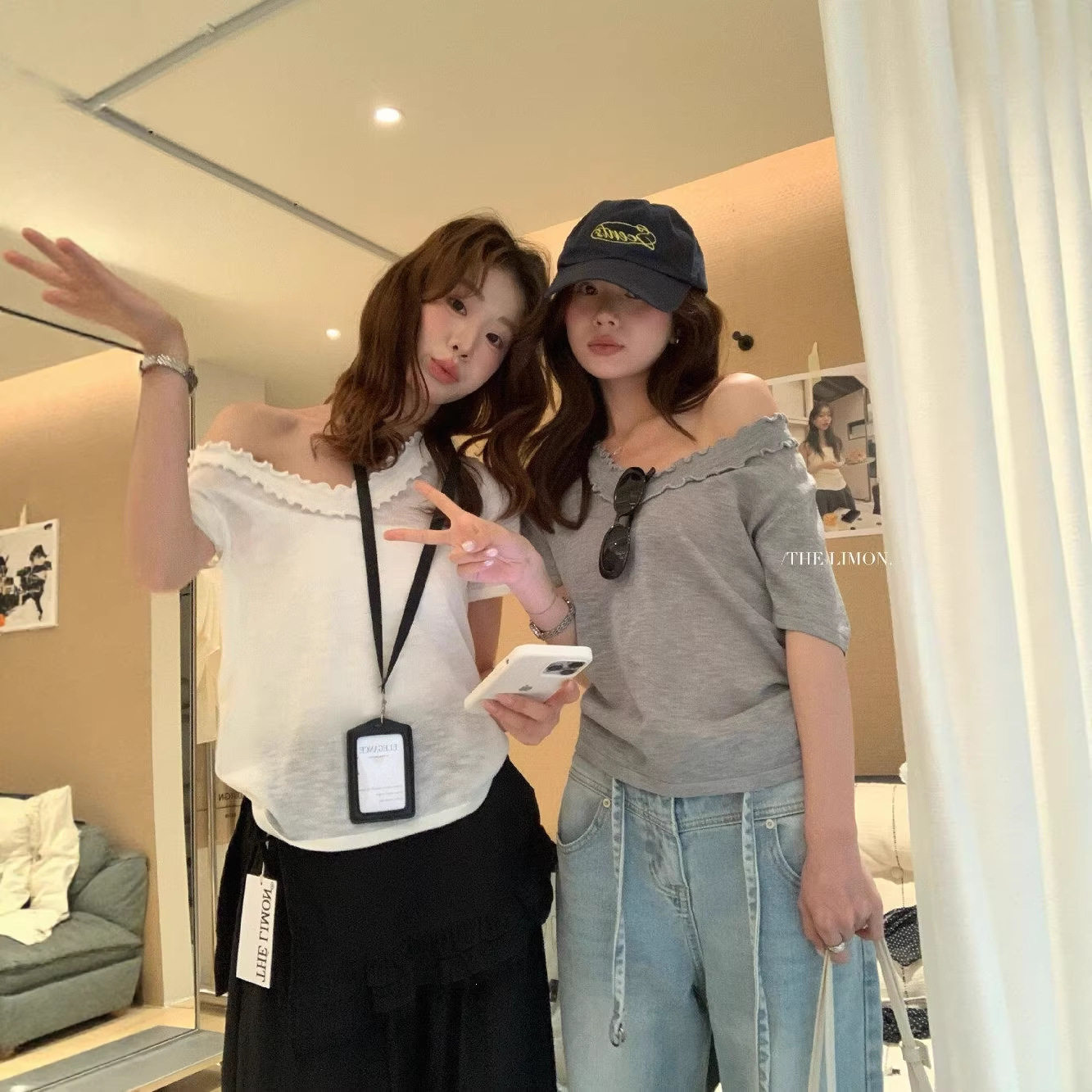 柠檬绿茶夏季韩系甜美百搭宽松显瘦设计感木耳边露肩短袖针织衫女