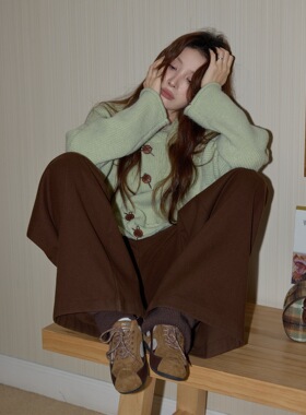 绿色翻领加厚毛衣女冬季慵懒毛线衣长袖毛织上衣