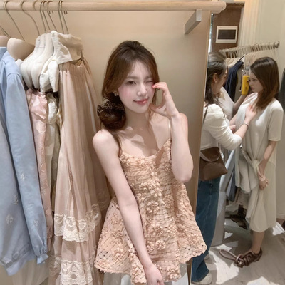 AS OFFICIAL 夏季韩系温柔风浪漫立体花朵蓬蓬吊带背心小衫