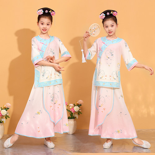 儿童古典舞蹈服飘逸满庭芳国风舞蹈服练功服粉色清朝格格演出服