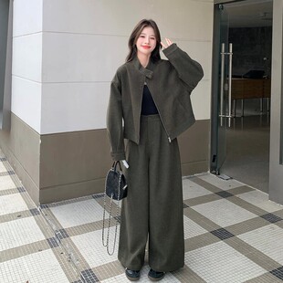 时髦风军绿色立领外套阔腿裤两件套女秋季松弛感氛围感套装漂亮老
