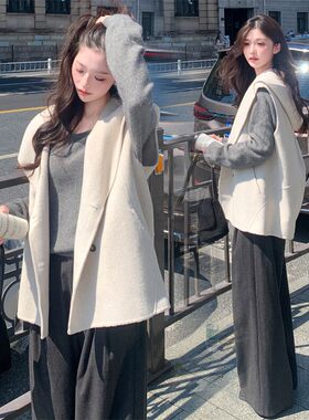 韩系宽松风连帽毛呢外套女中长款燕麦色百搭呢子大衣独特温柔修身