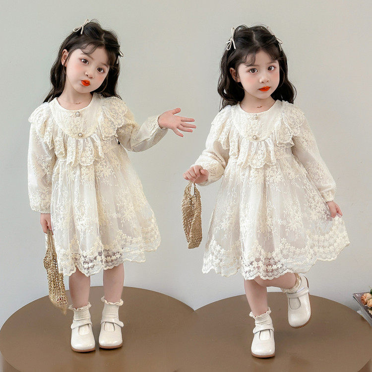 女童公主风白色蕾丝连衣裙春秋长袖荷叶领中长裙