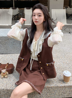 时尚2026美拉德马甲两件套女秋季长袖衬衫半裙年轻套装现货大码小