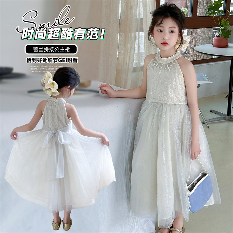 女童无袖公主裙夏季中长裙白色纱网蓬蓬裙表演服