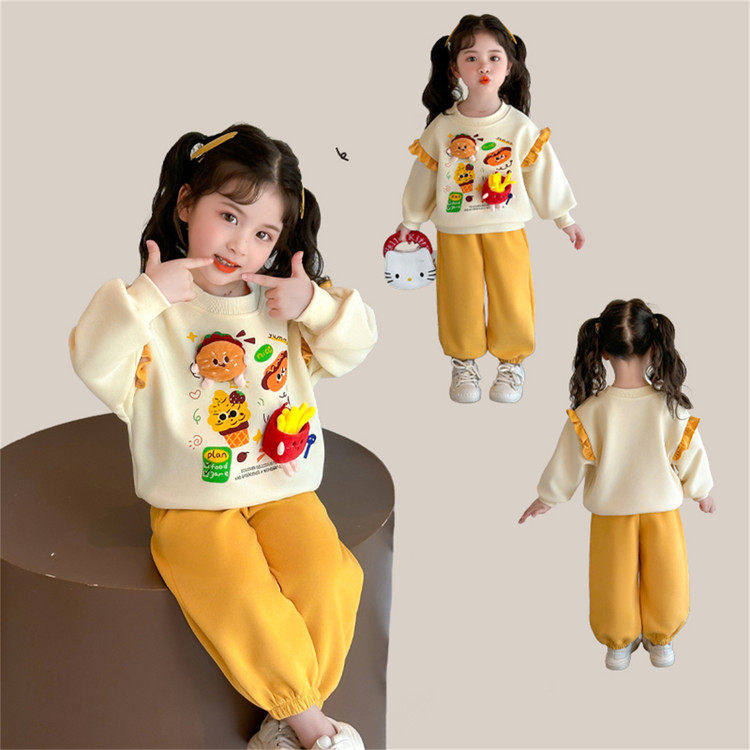 女童卡通卫衣套装春秋新款洋气时髦黄色两件套休闲童趣
