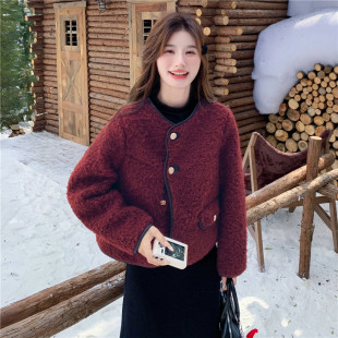 小香风羊羔毛外套女红色皮毛一体加厚保暖短款开衫好看中老年今年