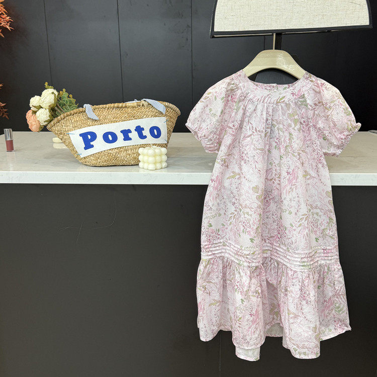 韩版女童碎花连衣裙夏季短袖中长裙粉色棉质裙子