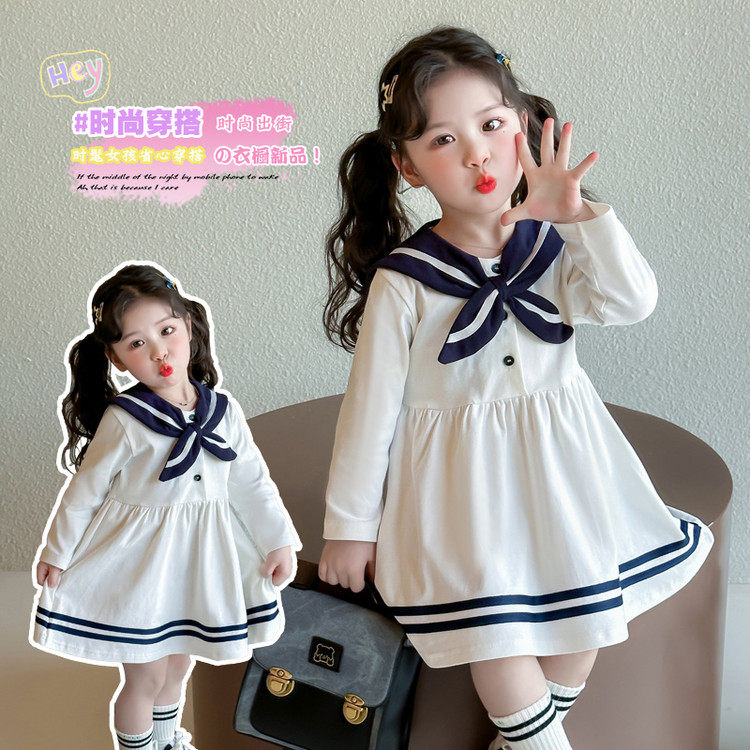 女童海军领连衣裙春秋长袖中长裙白色公主裙学院风