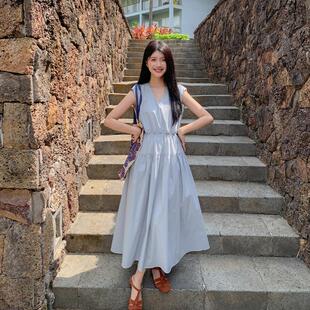 小清新浅蓝色V领无袖连衣裙女2026夏季新款韩系简约182-8632PK218
