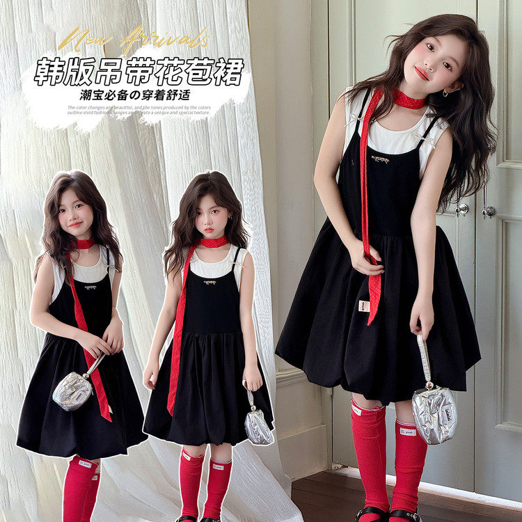 韩版吊带连衣裙女童夏季黑色短裙2-16岁中长款裙子