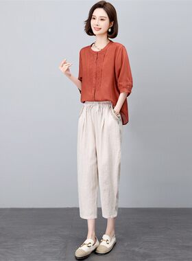 新中式棉麻女夏季修身两件套