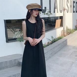 优雅无袖黑色连衣裙女夏季宽松腰A型长裙简约气质气质新中式修身