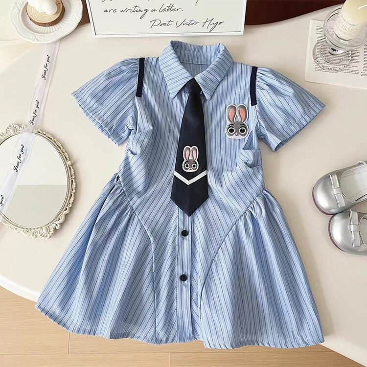 韩版女童蓝色条纹连衣裙夏季兔子领带装饰学院风短袖裙