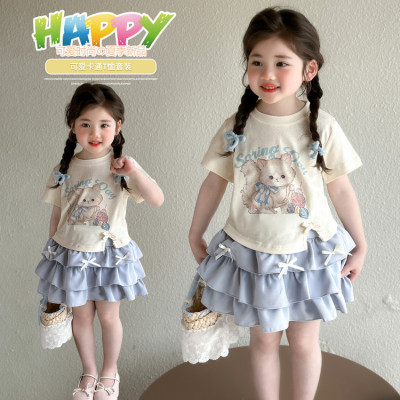 韩版女童夏季小猫T恤蛋糕裙套装