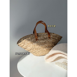 里洛手工编织包包 复古草编包磁扣手提饺子包海边度假沙滩包 法式