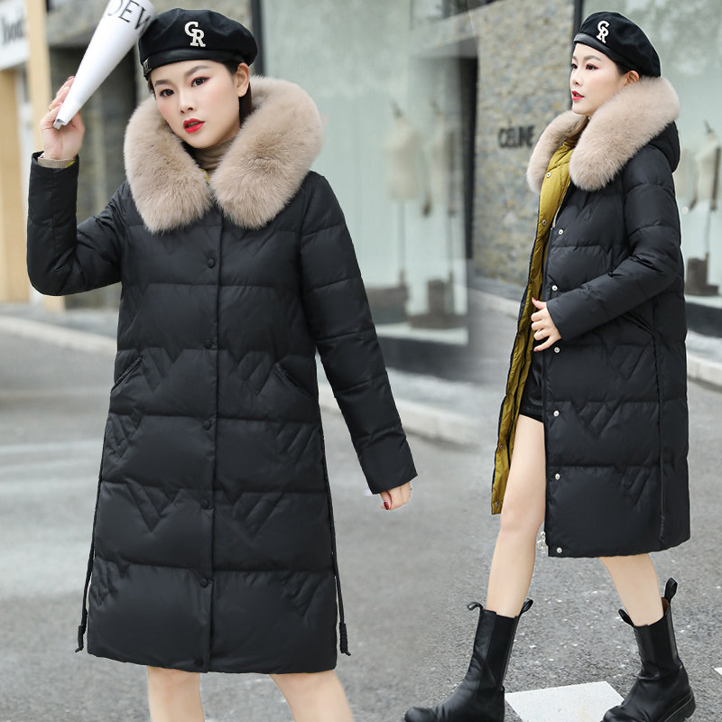 黑色中长款羽绒服女大毛领加厚修身白鸭绒外套高档棉衣