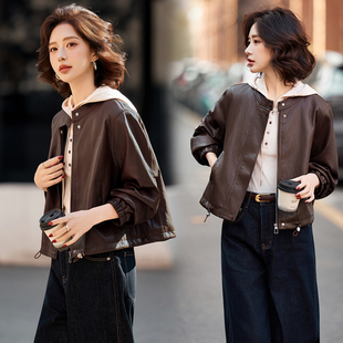 BK时尚油蜡磨砂皮女立领小个子短款海宁皮衣夹克外套2026春秋新款