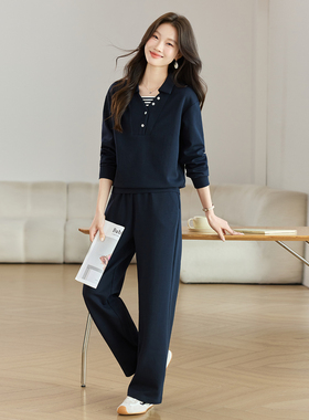 休闲套装女2025秋季新款POLO领长袖显瘦阔腿裤两件套
