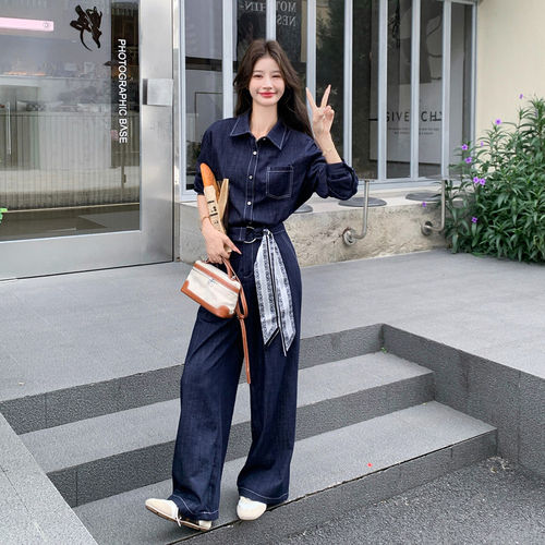 韩系牛仔风翻领长袖衬衫阔腿裤两件套女秋季松弛感通勤套装通勤特