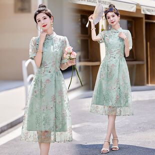 新中式 改良旗袍中长裙气质绿色 国风刺绣连衣裙女夏装