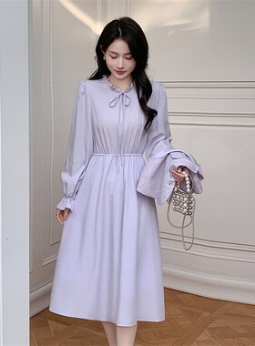 淑女风紫色连衣裙女春季三件套收腰系带气质百搭时尚套装