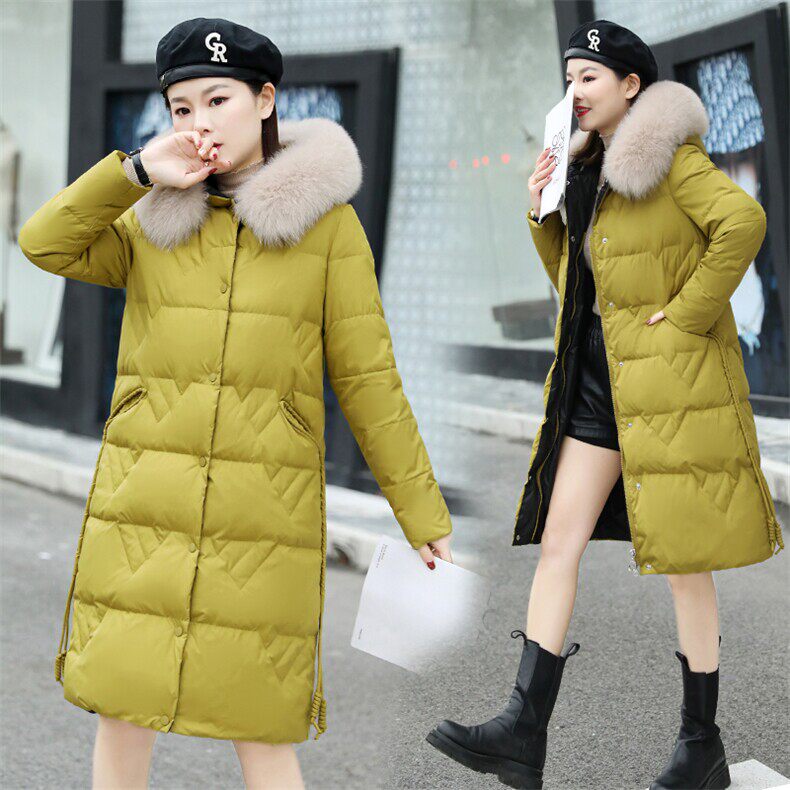 白鸭绒羽绒服女中长款大毛领加厚修身收腰外套高档棉衣