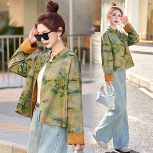 上衣 高级感气质显瘦绿色短款 新中式 印花短外套女春季