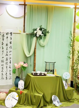 新中式清新环创背景布料幼儿园春夏国风区角隔断装饰材料书法纱幔
