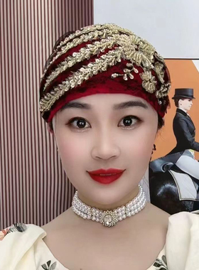 新款凤尾花发带帽子洋气时尚款带后花包打底帽夏季薄款蕾丝包头帽