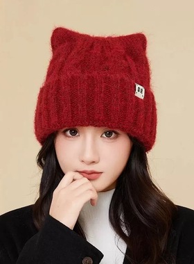 秋冬新款加绒猫耳朵针织帽女韩版出游日常保暖可爱休闲百搭冷帽子
