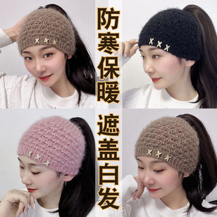新款 女秋冬保暖针织发带松鼠绒发饰绒线护耳柔软遮白发帽子毛线帽