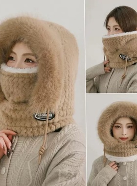 毛绒帽子女围脖面罩一体冬季骑车防寒围巾加绒加厚风雪帽雷锋帽子