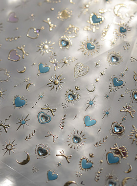 晶钻烫金星月爱心美甲贴纸tomoni浮雕 背胶5d网红ins指甲贴纸装饰