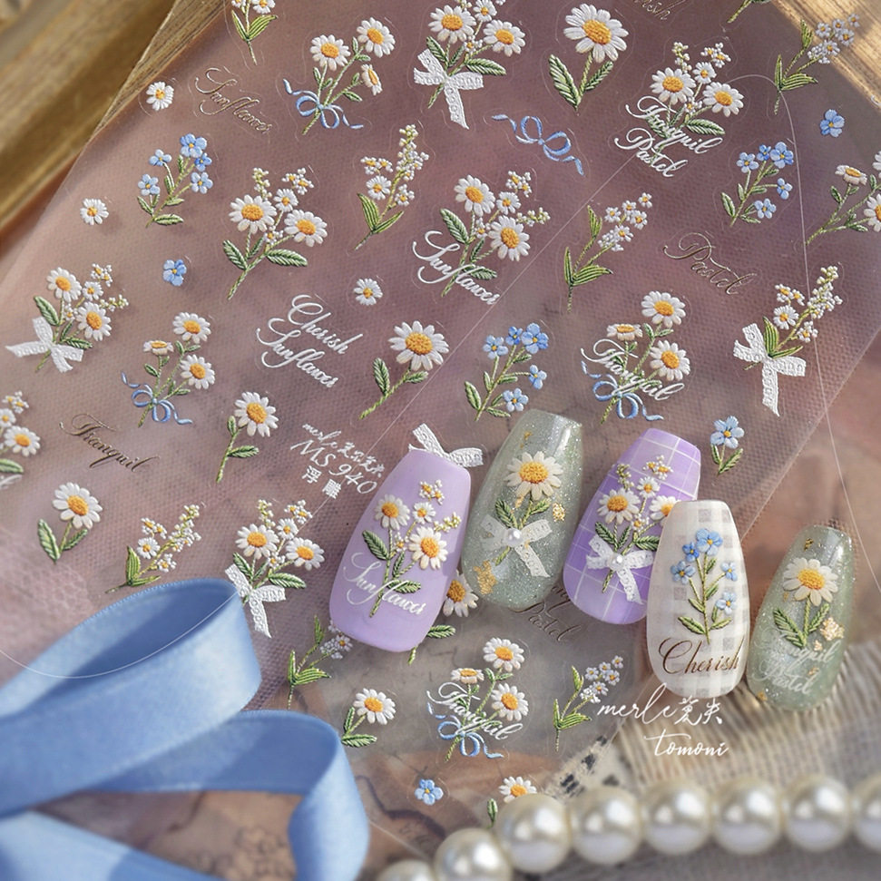 春季向日葵花朵美甲贴纸2026新款浮雕3d立体小花束指甲贴纸装饰品