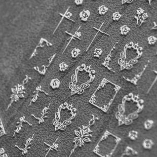 爆款白色小花朵画框美甲贴纸tomoni浮雕5D指甲贴复古相框美甲饰品